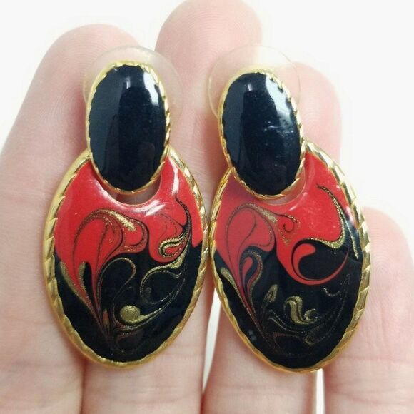 Vintage Red and Black Enamel Door Knocker Stud Dangle Earrings, Retro 80s 90s - Picture 1 of 6